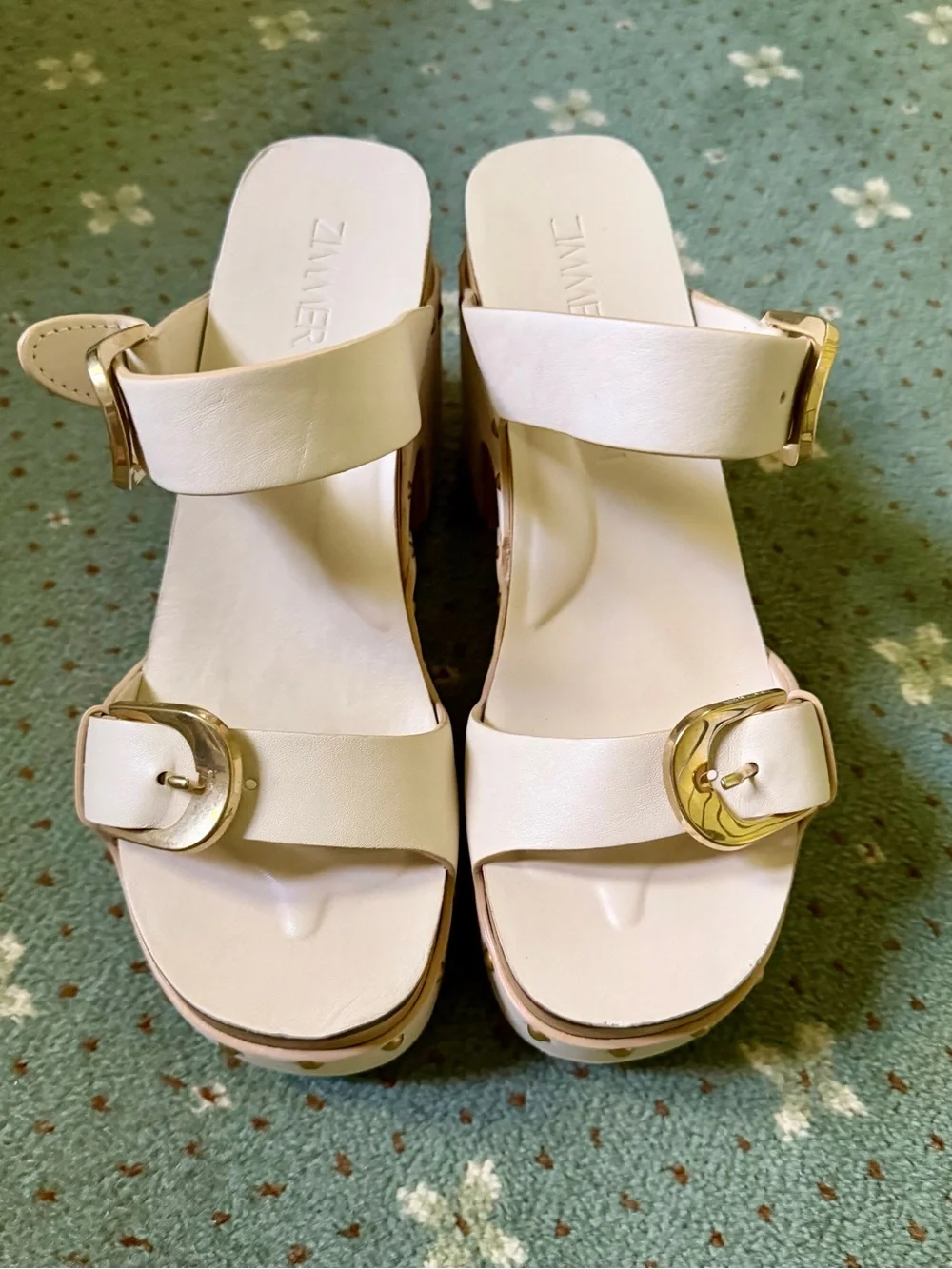 Zimmermann Cream Platform Mary Jane Sandals with Gold Buckles